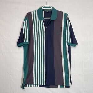 Knights of Round Table Mens XL Vintage Polo White Blue Green Stripes 90s Grandpa